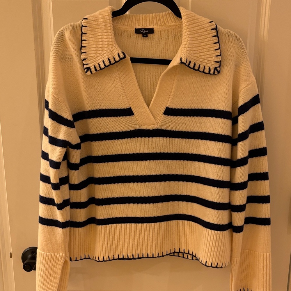 Rails Cream and Navy Striped V-Neck Polo Sweater